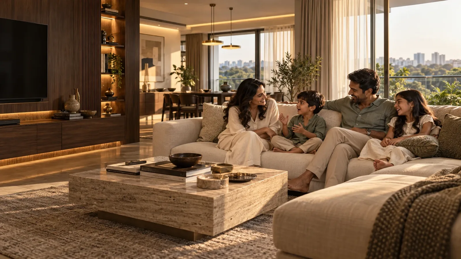 Family sharing a happy conversation in a warm contemporary living room