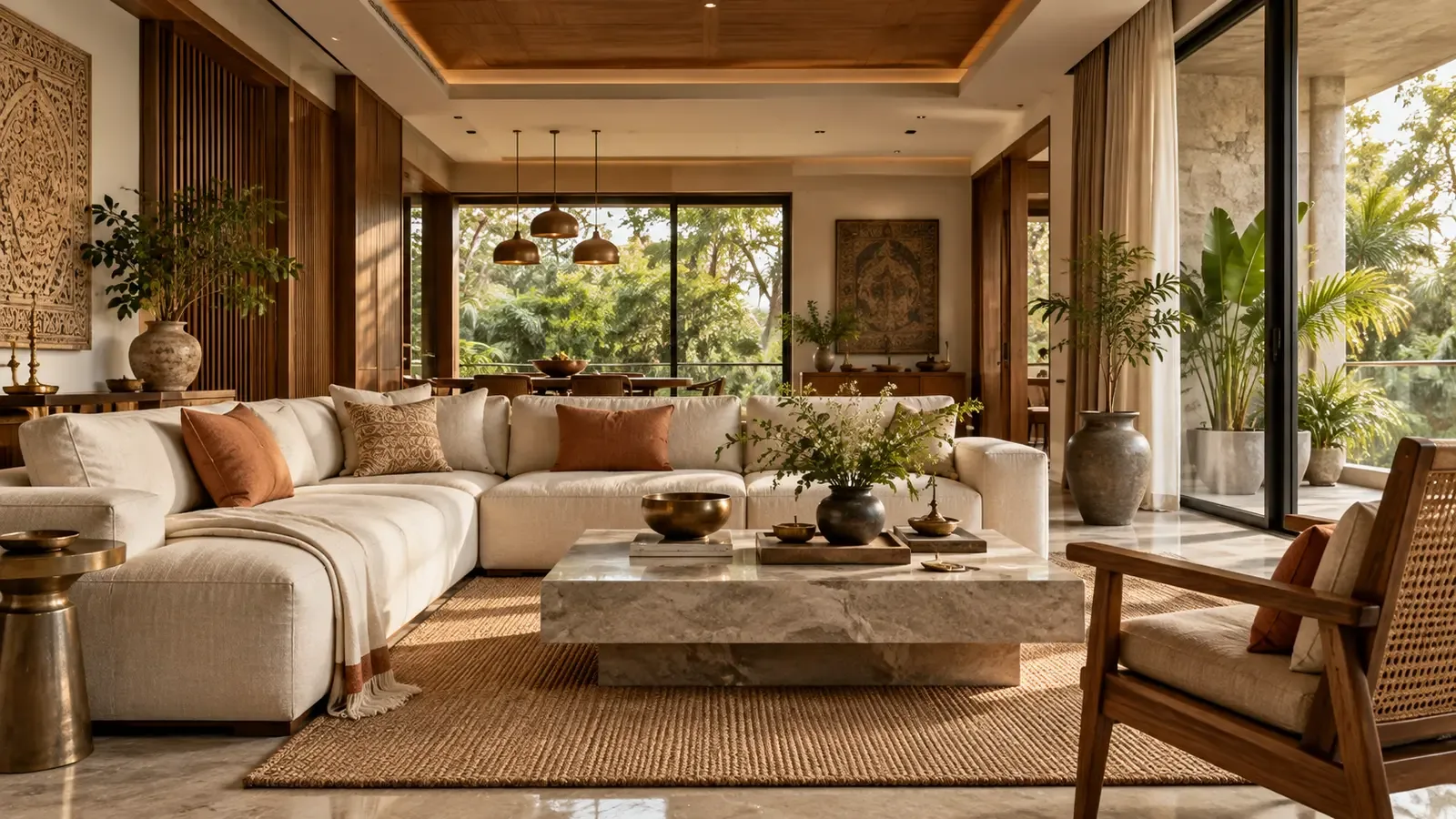 Warm walnut and ivory living room